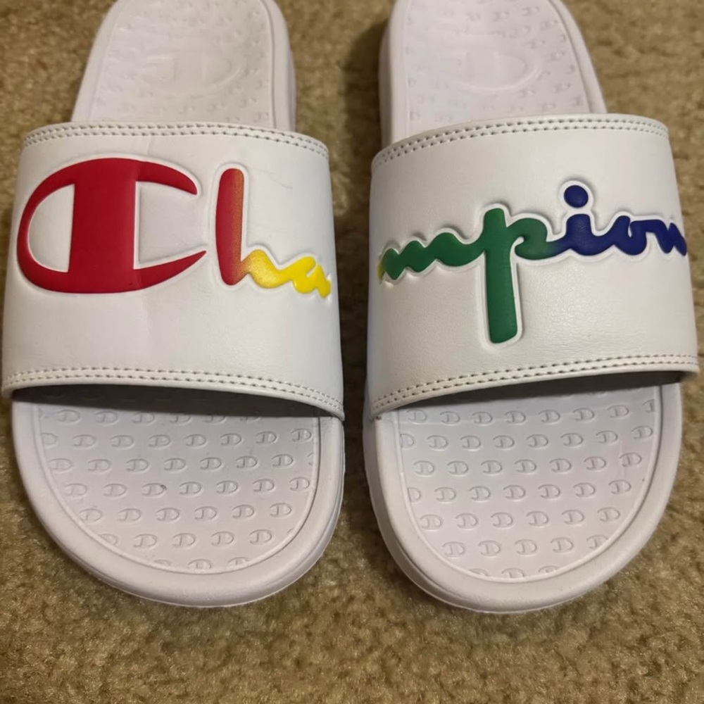 Champion Kids' White Slides with Multicolor Logo